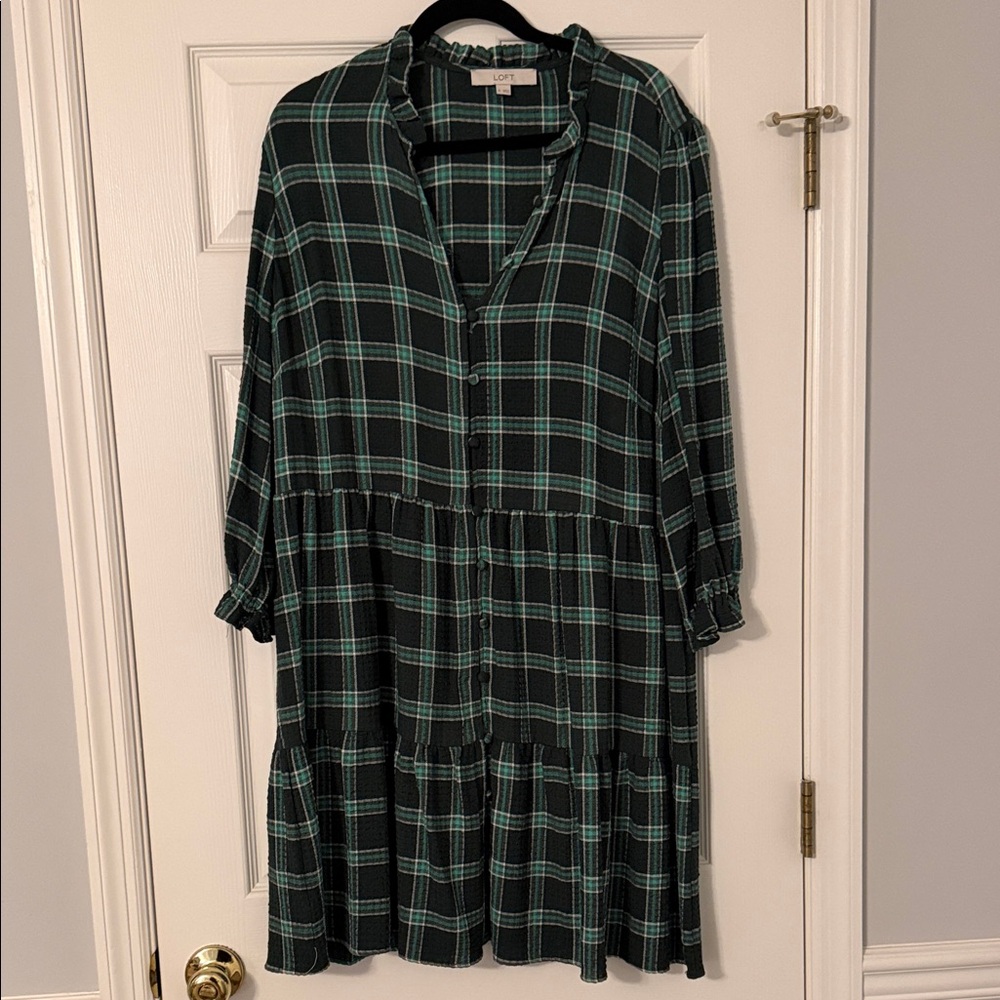 LOFT Dark Green Plaid Tiered Long Sleeve Shirt Dress